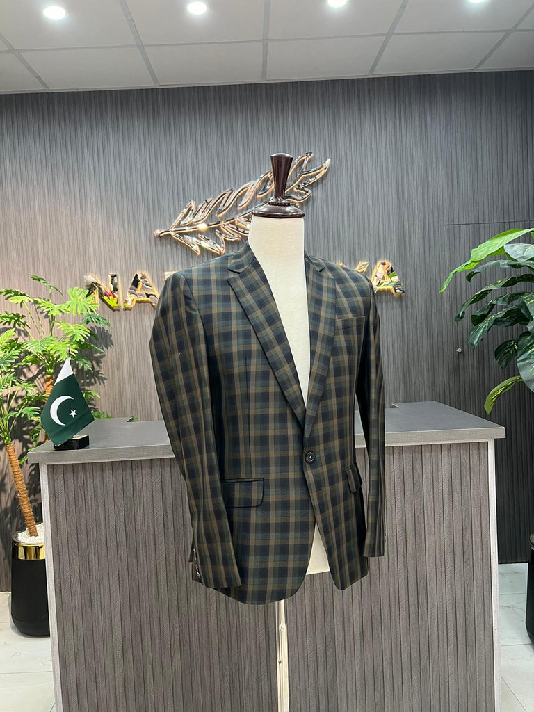 Green Cheque Casual Coat For Men's