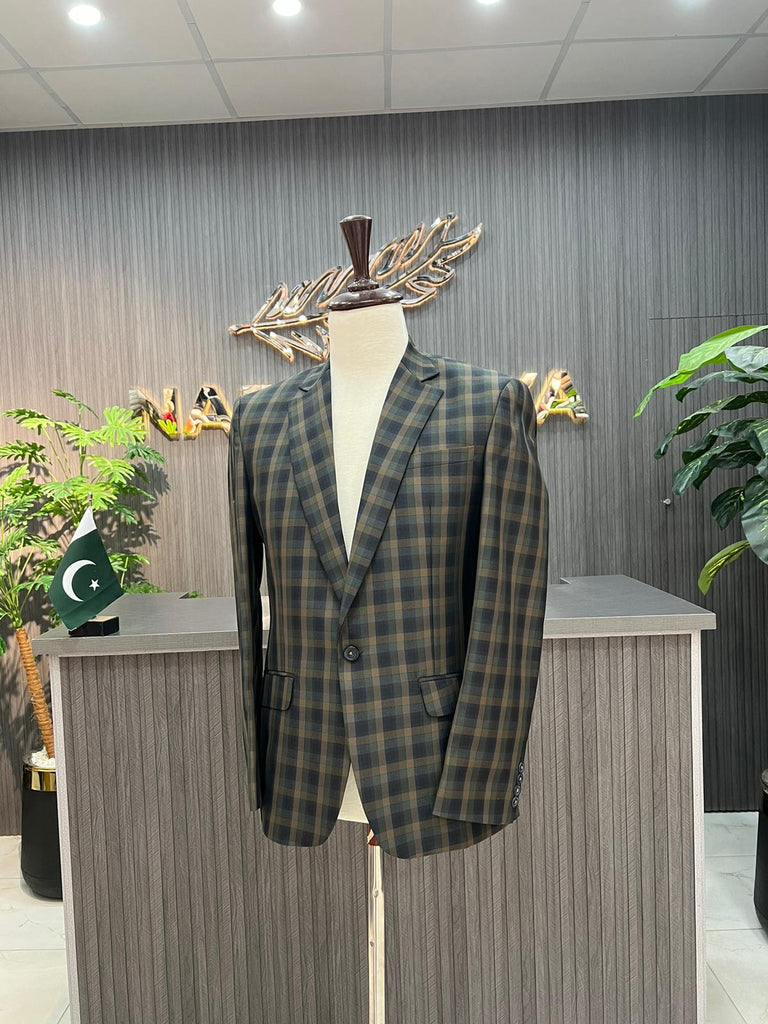 Green Cheque Casual Coat For Men's