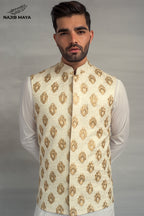 White Golden Embroidery Waistcoat + White Kurta Pajama For Men's