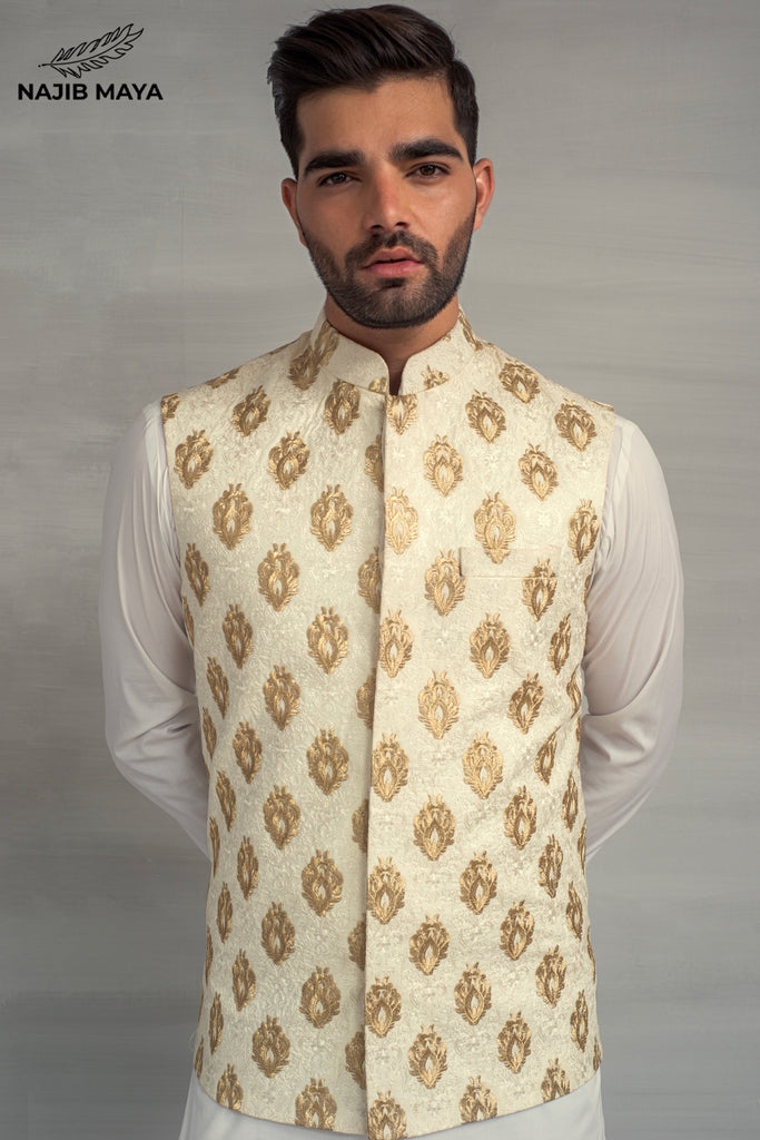 White Golden Embroidery Waistcoat + White Kurta Pajama For Men's