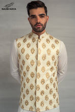 Load image into Gallery viewer, White Golden Embroidery Waistcoat + White Kurta Pajama For Men&#39;s