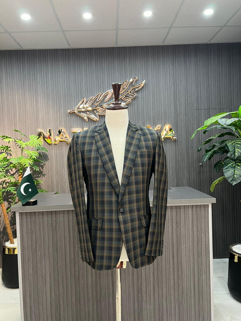 Green Cheque Casual Coat For Men's