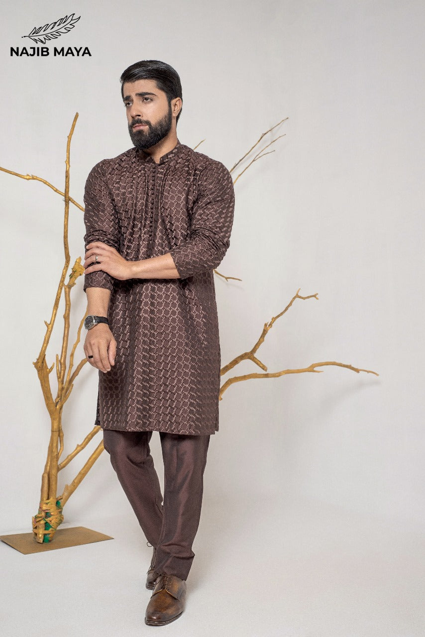 Brown Stylish Embroidery Kurta Pajama For Men's