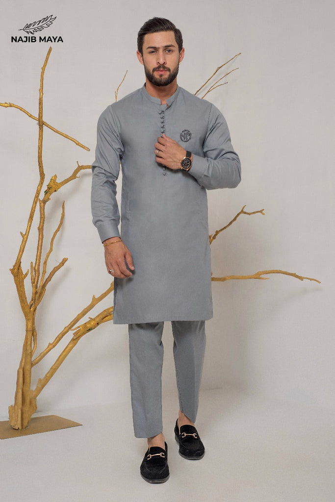 Grey Embroidered Logo Kurta Pajama For Men's