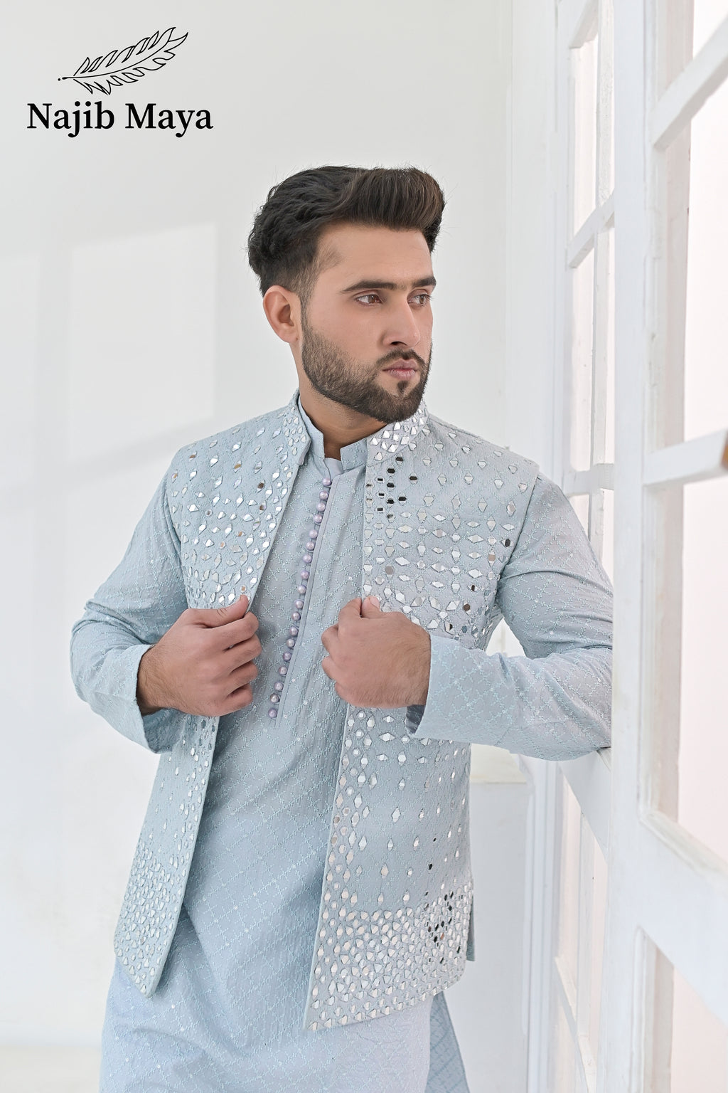 Powder Blue Embroidery + Mirror Work Waist Coat & Powder Blue Embroidery Kurta Pajama For Men's