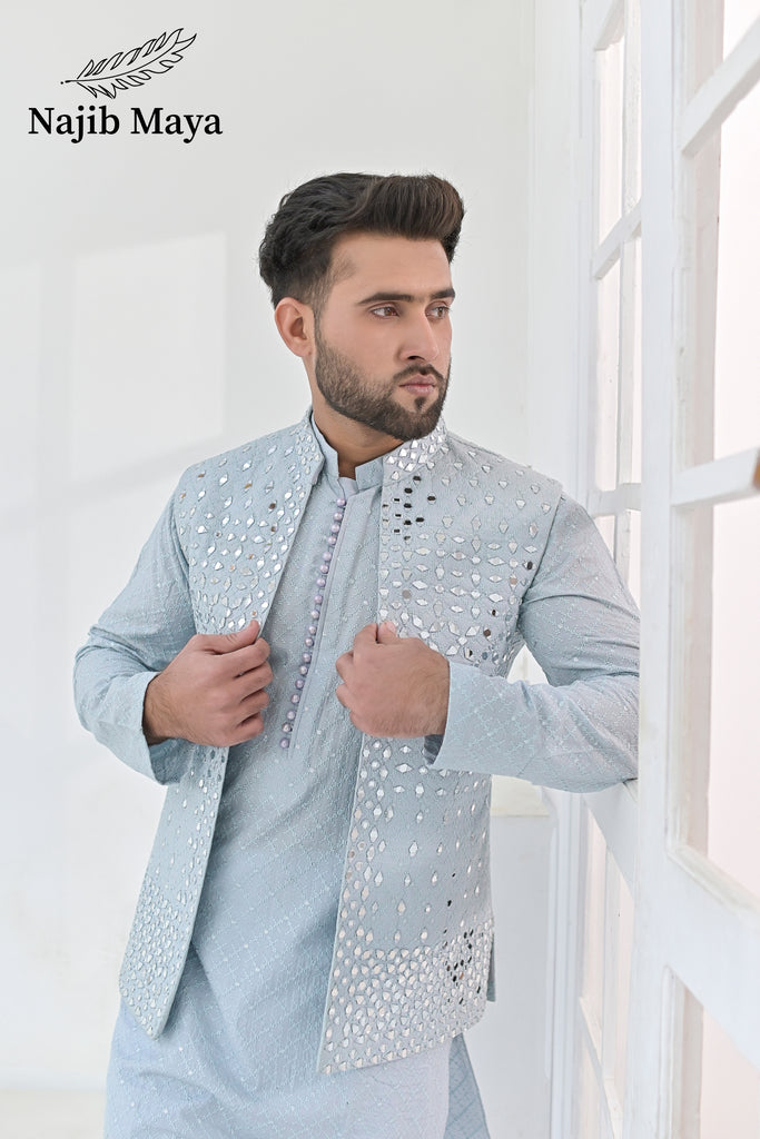 Powder Blue Embroidery + Mirror Work Waist Coat & Powder Blue Embroidery Kurta Pajama For Men's