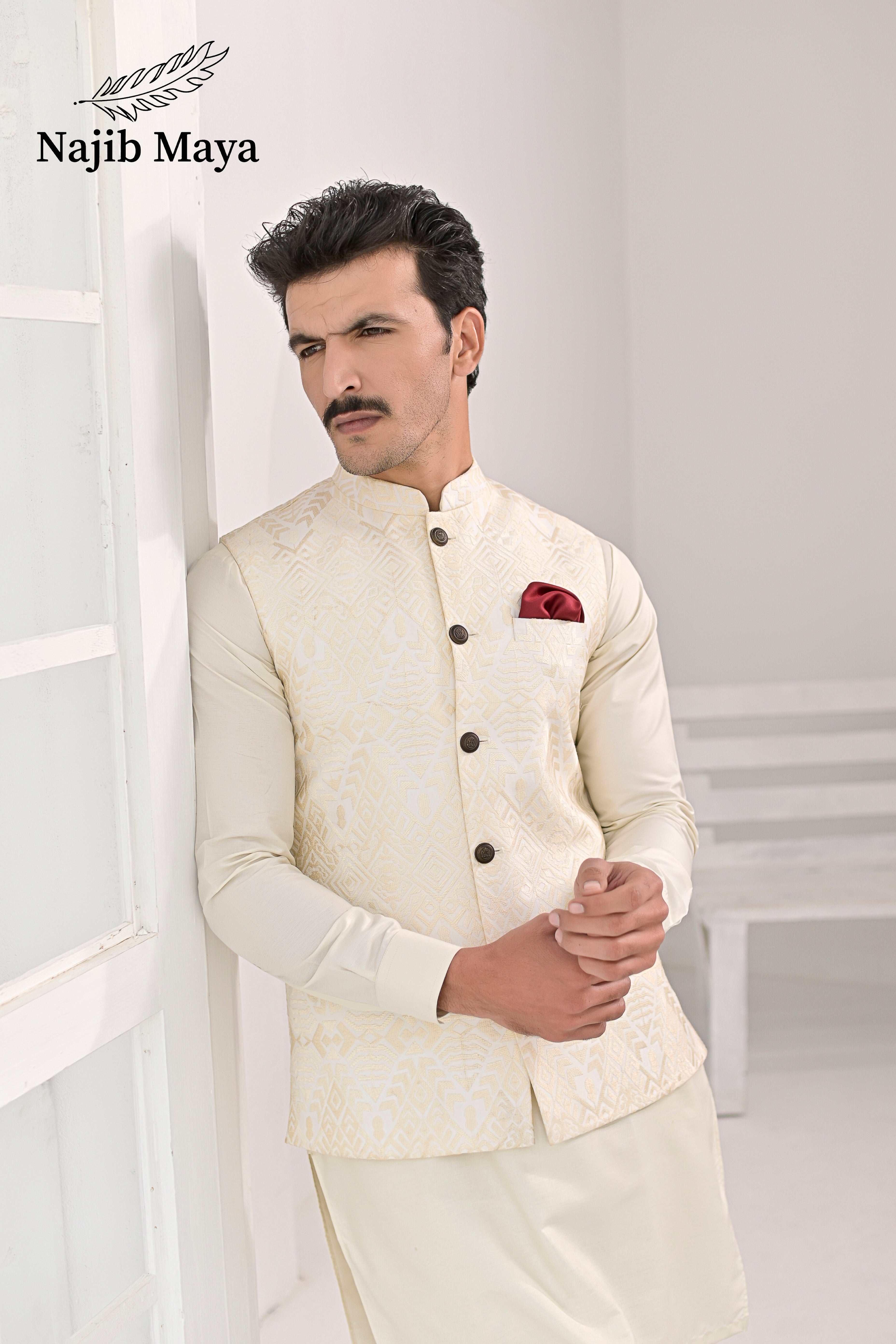 Cream Embroidery Waist Coat & Cream Kurta Pajama For Men's