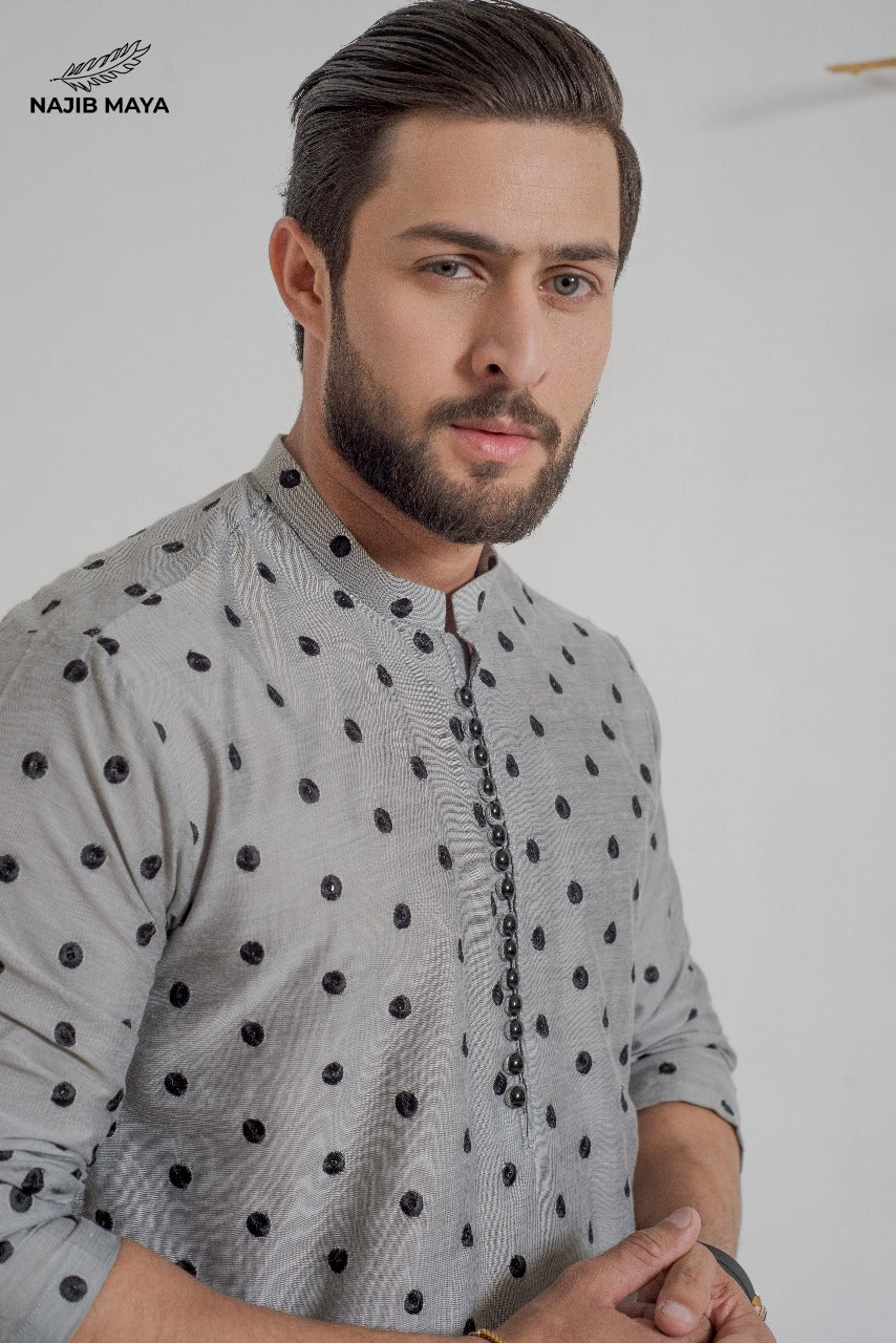 Grey Black Dots Embroidery  Kurta Pajama For Men's Secondary image