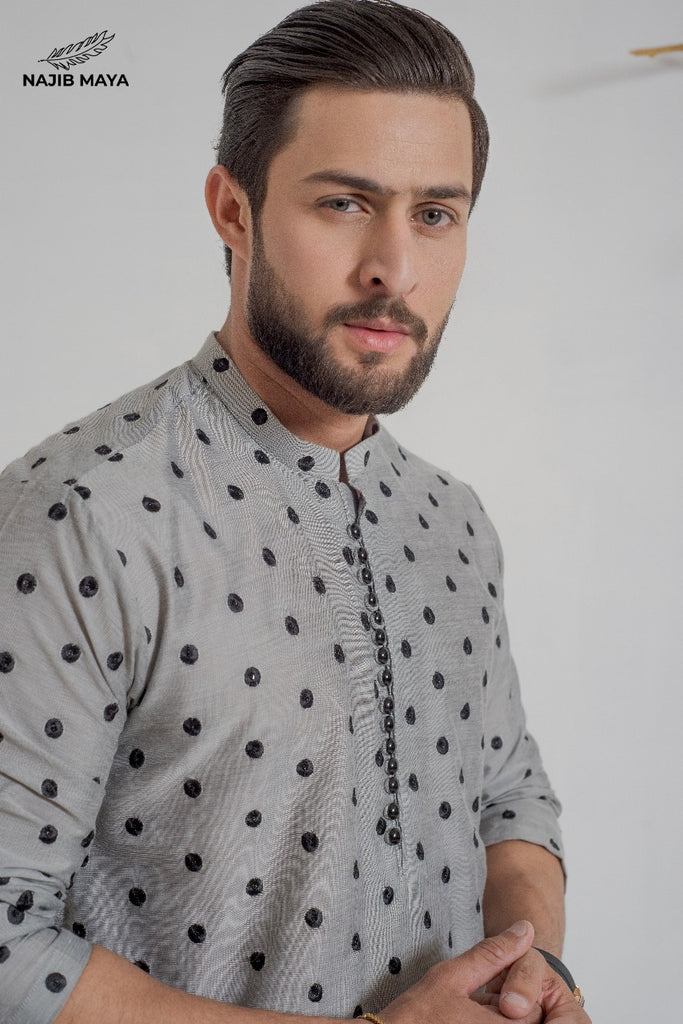 Grey Black Dots Embroidery  Kurta Pajama For Men's