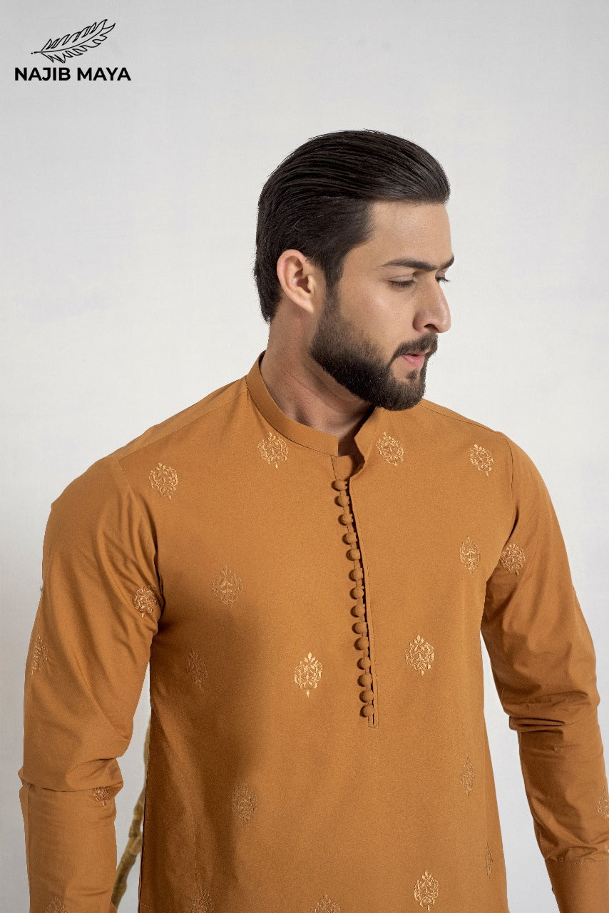Rust Stylish Embroidered Kurta Pajama For Men's Secondary image