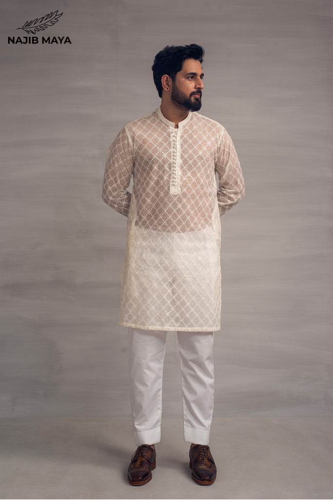 White Embroidery Sequence Kurta Pajama For Men's