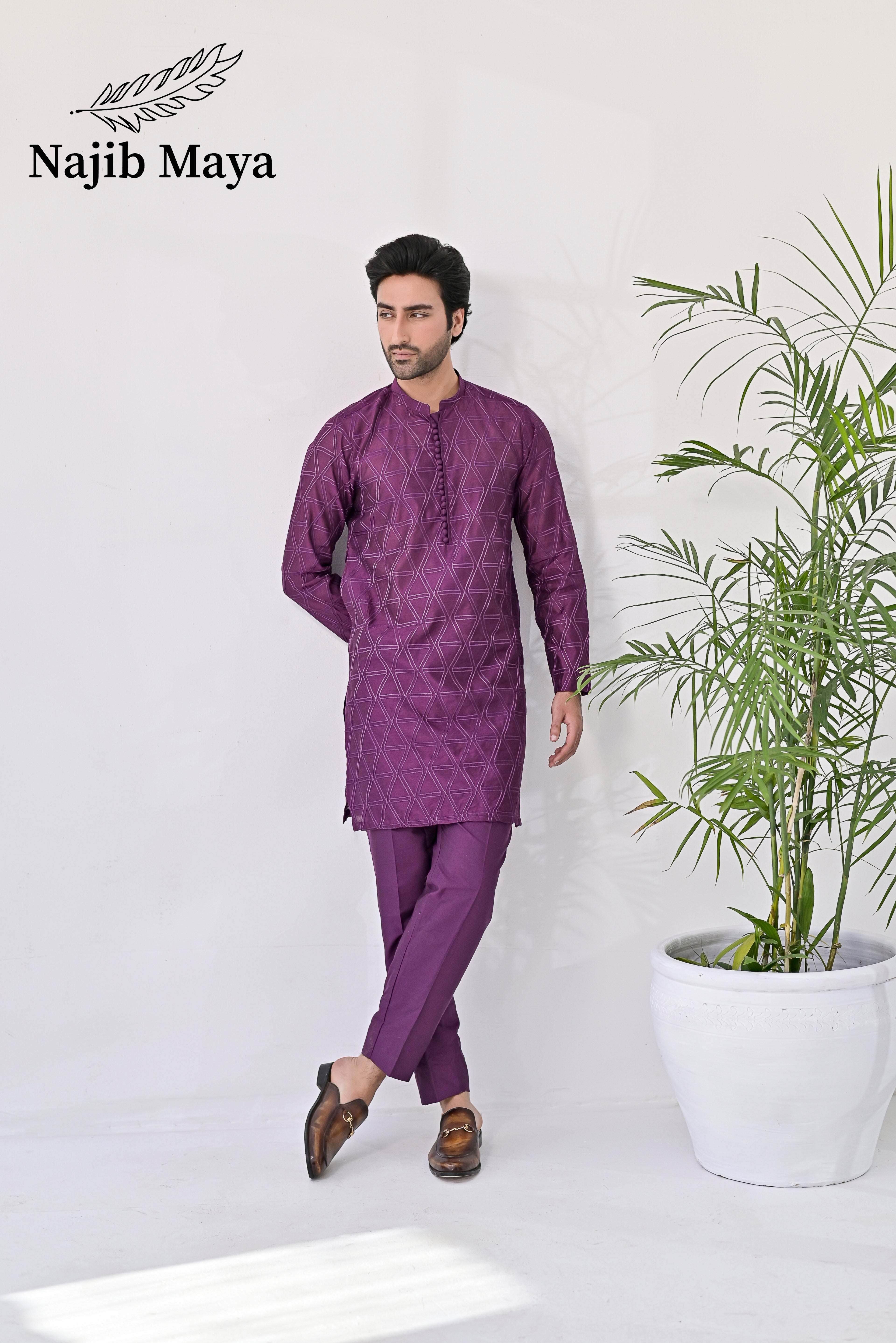 Purple Embroidery Kurta Pajama For Men's