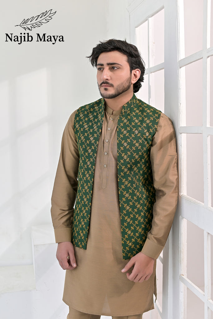 Green Copper Embroidery Waist Coat & Beige Kurta Pajama For Men's (Copy)