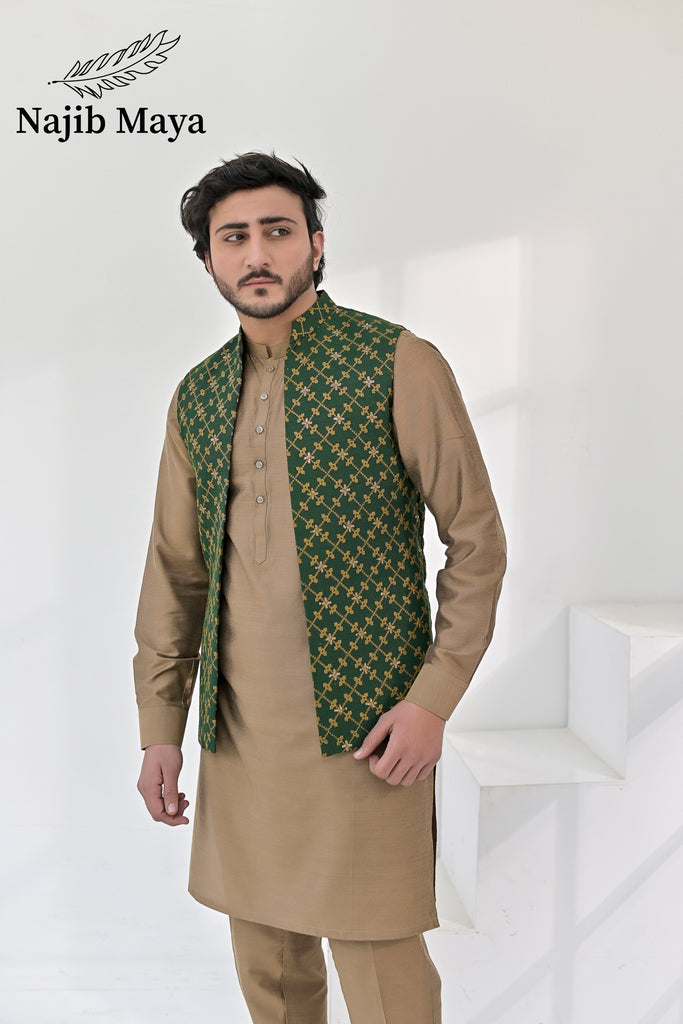 Green Copper Embroidery Waist Coat & Beige Kurta Pajama For Men's (Copy)