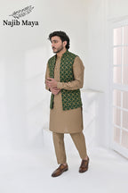 Green Copper Embroidery Waist Coat & Beige Kurta Pajama For Men's (Copy)