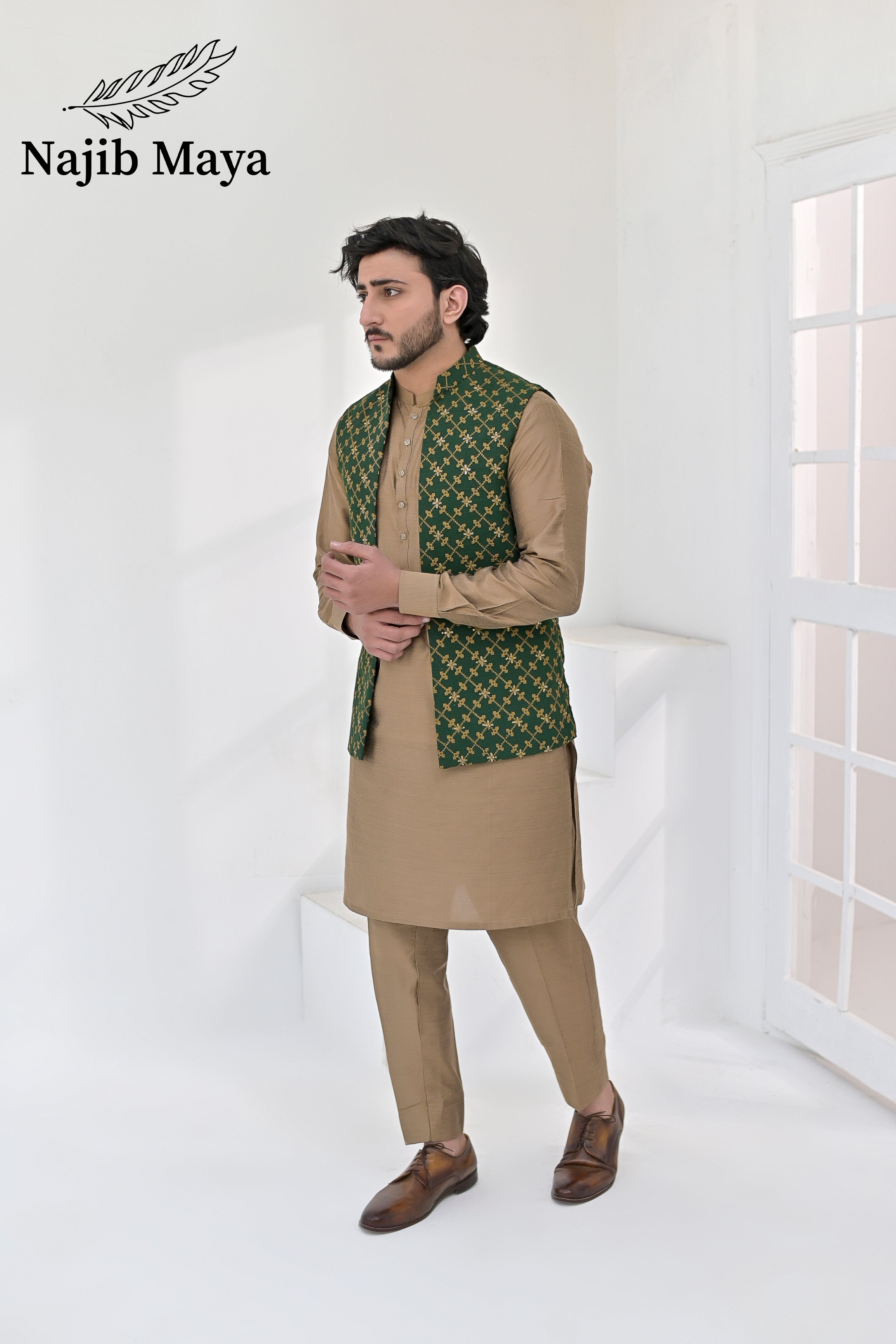 Green Copper Embroidery Waist Coat & Beige Kurta Pajama For Men's (Copy)