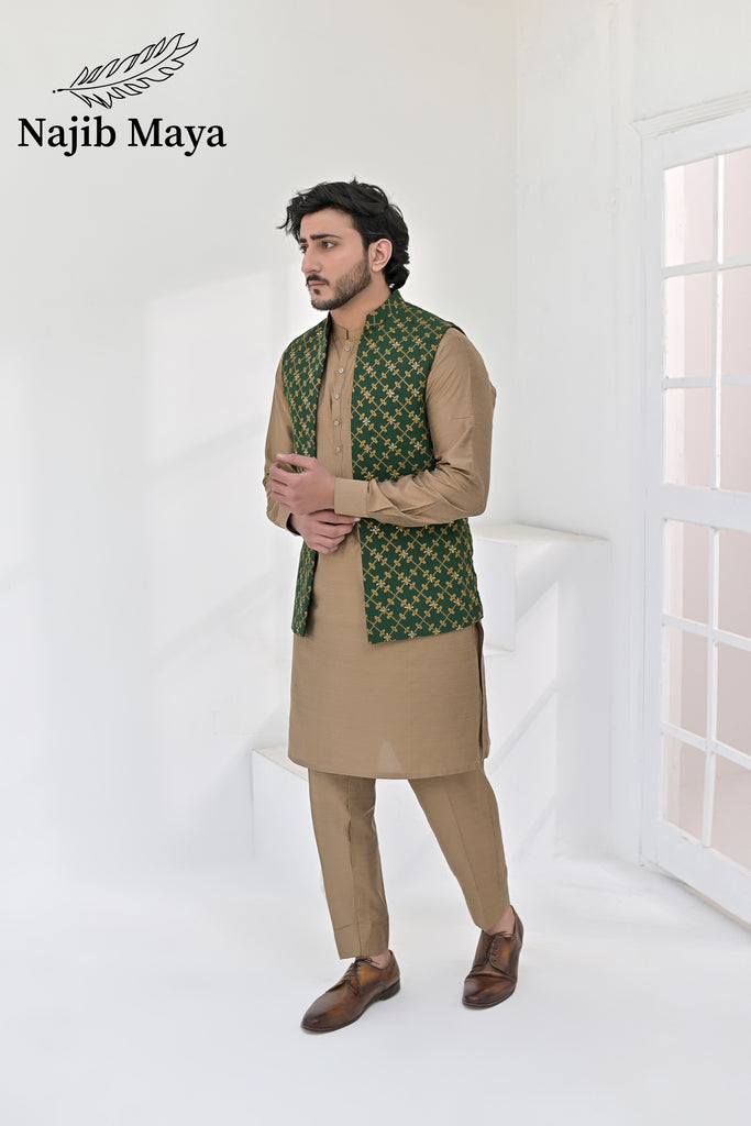 Green Copper Embroidery Waist Coat & Beige Kurta Pajama For Men's (Copy)