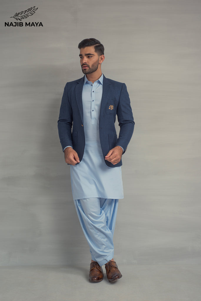 Blue Texture Casual Coat + Ice Blue Shalwar Kameez For Men's