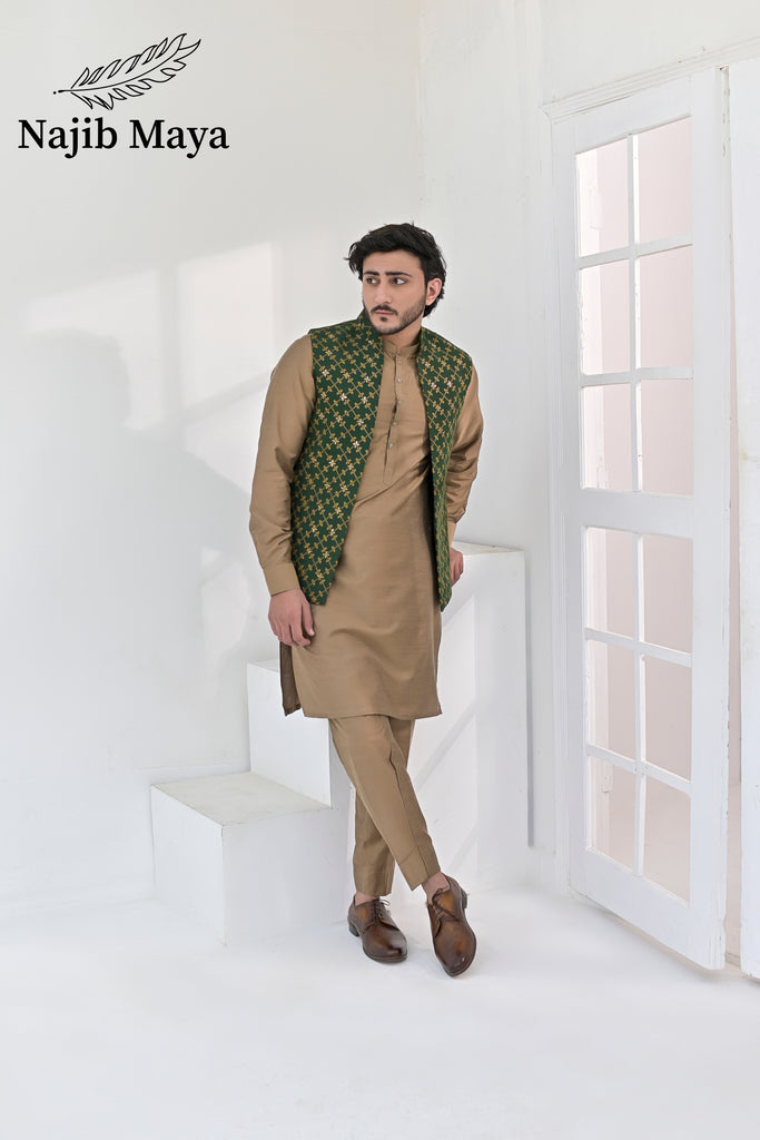 Green Copper Embroidery Waist Coat & Beige Kurta Pajama For Men's (Copy)