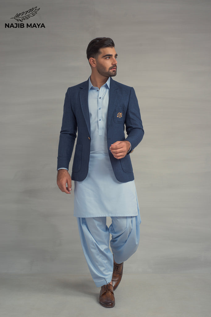 Blue Texture Casual Coat + Ice Blue Shalwar Kameez For Men's