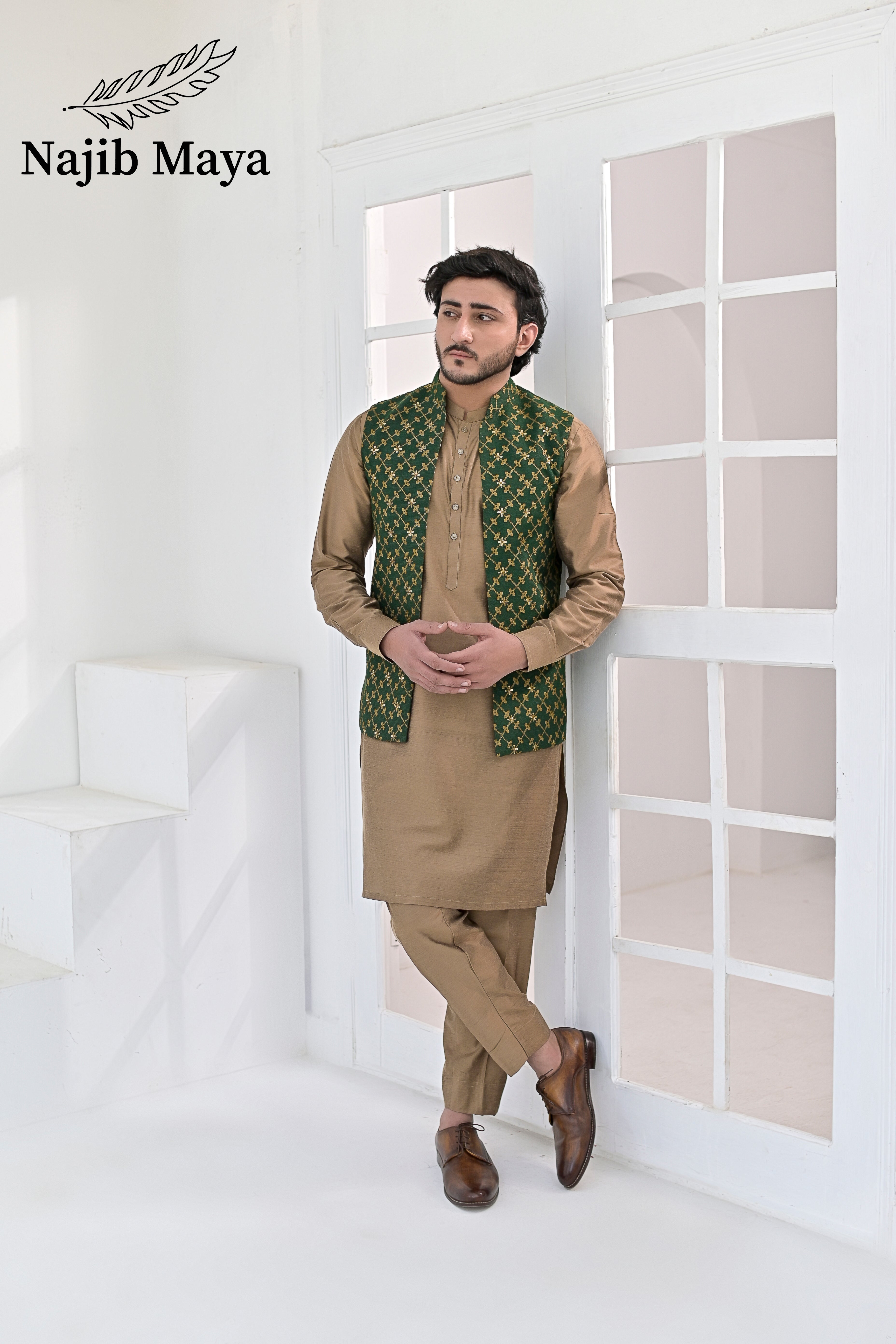 Green Copper Embroidery Waist Coat & Beige Kurta Pajama For Men's (Copy) Main image