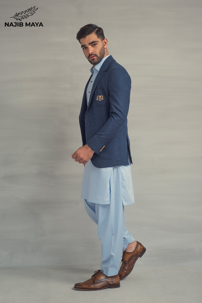 Blue Texture Casual Coat + Ice Blue Shalwar Kameez For Men's