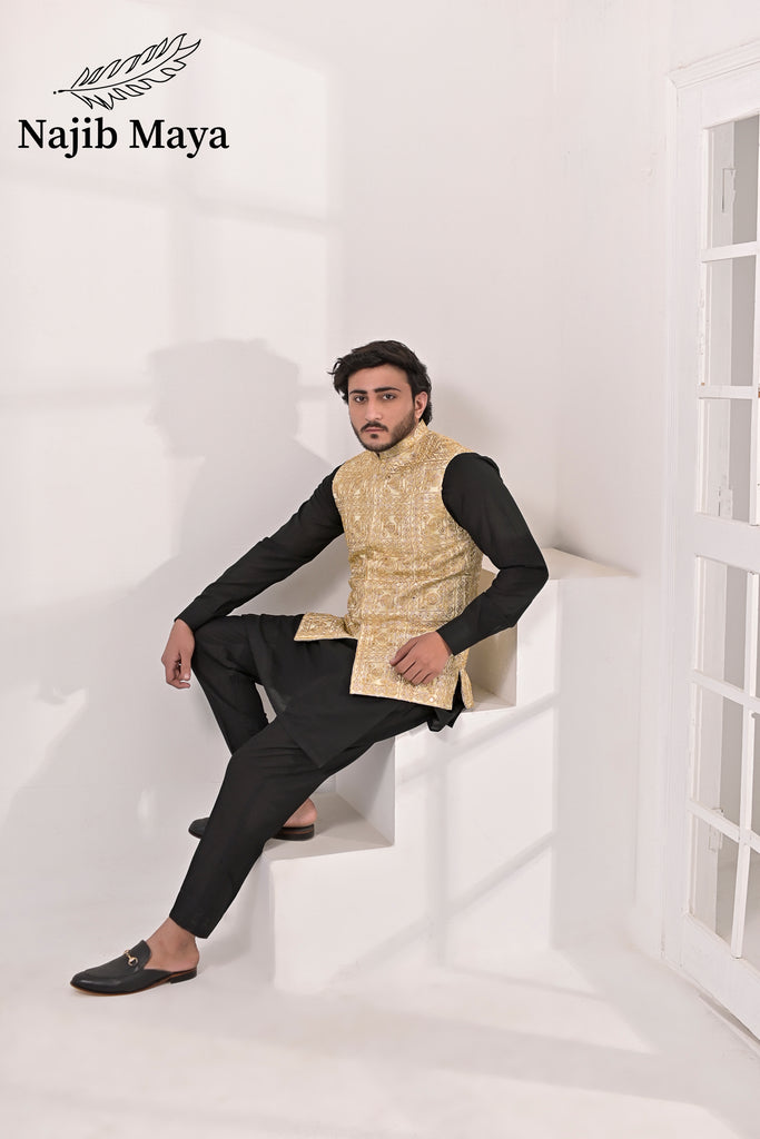 Cream Embroidery Waist Coat & Black Kurta Pajama For Men's