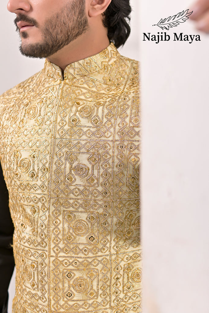 Cream Embroidery Waist Coat & Black Kurta Pajama For Men's