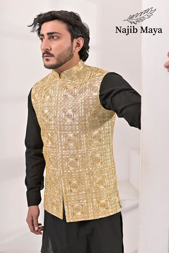 Cream Embroidery Waist Coat & Black Kurta Pajama For Men's