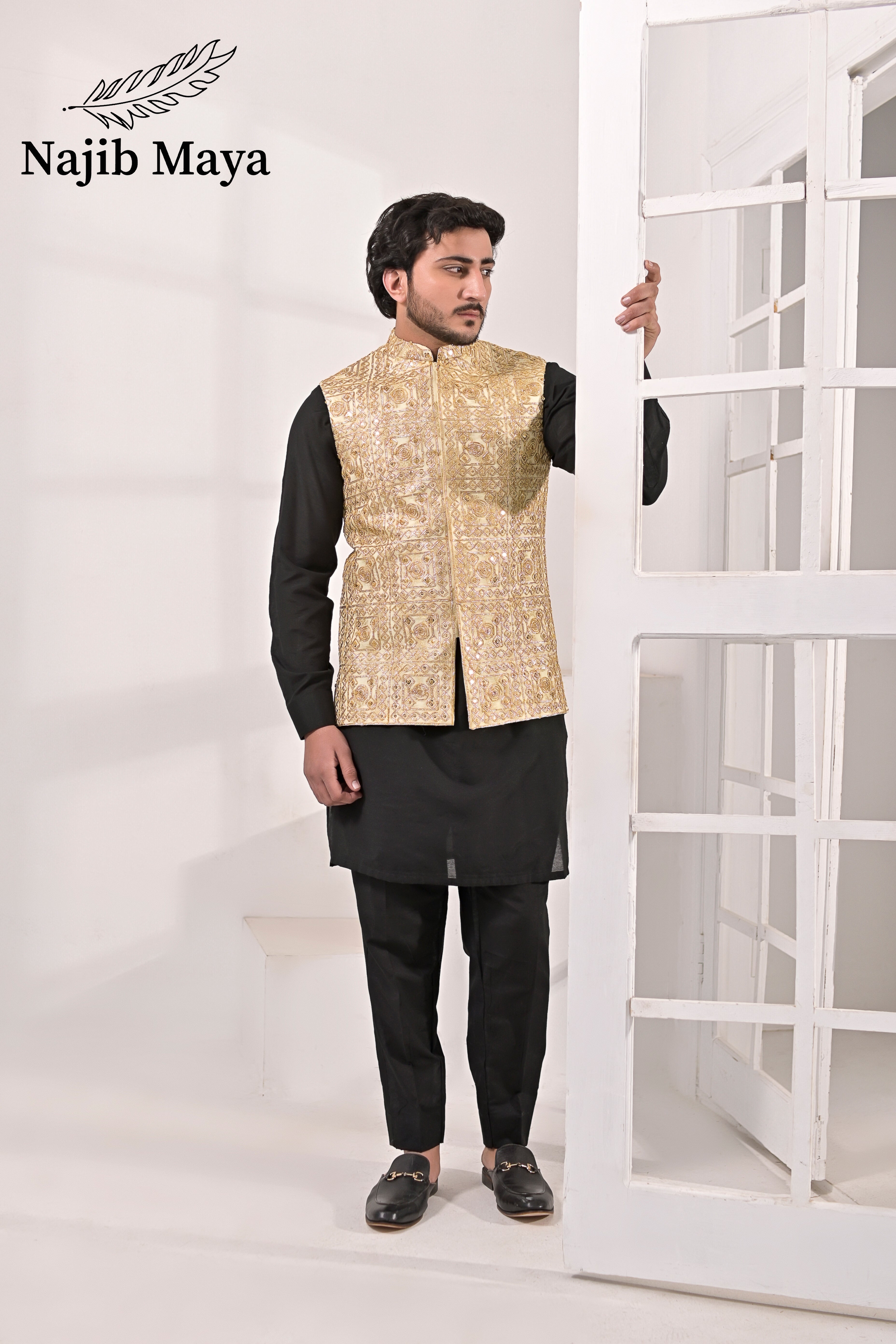 Cream Embroidery Waist Coat & Black Kurta Pajama For Men's Main image