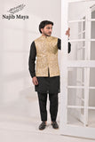 Cream Embroidery Waist Coat & Black Kurta Pajama For Men's