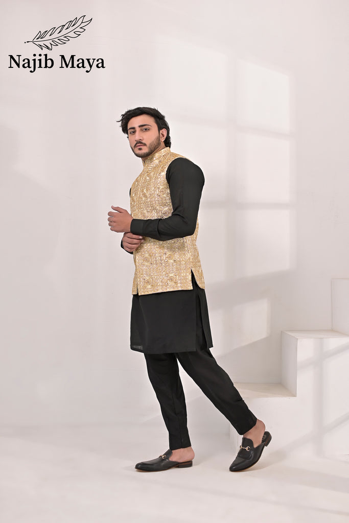 Cream Embroidery Waist Coat & Black Kurta Pajama For Men's