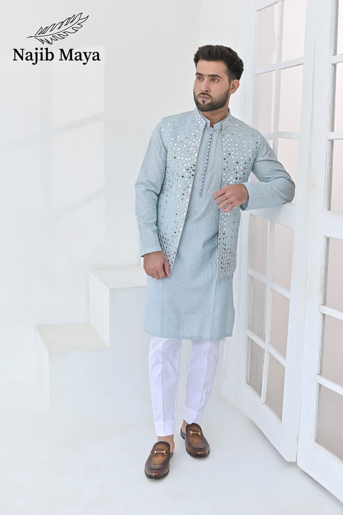 Powder Blue Embroidery + Mirror Work Waist Coat & Powder Blue Embroidery Kurta Pajama For Men's