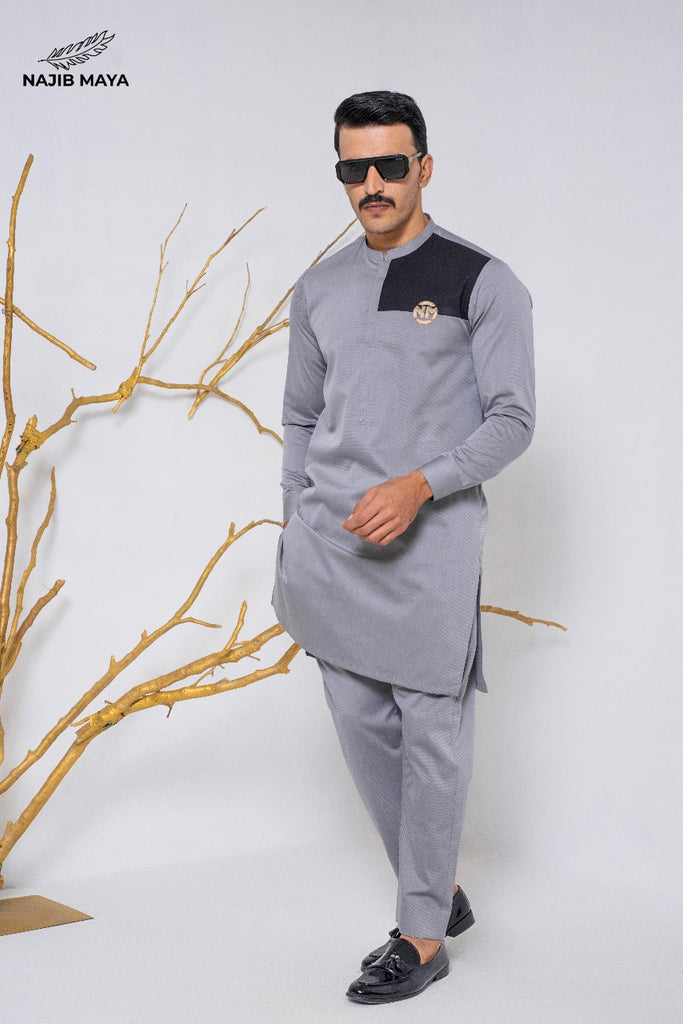 Grey Embroidered Logo Kurta Pajama For Men's