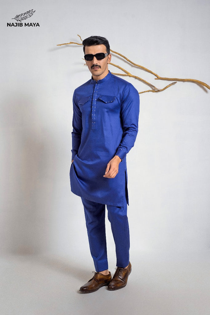 Royal Blue Pocket Style Kurta Pajama For Men's