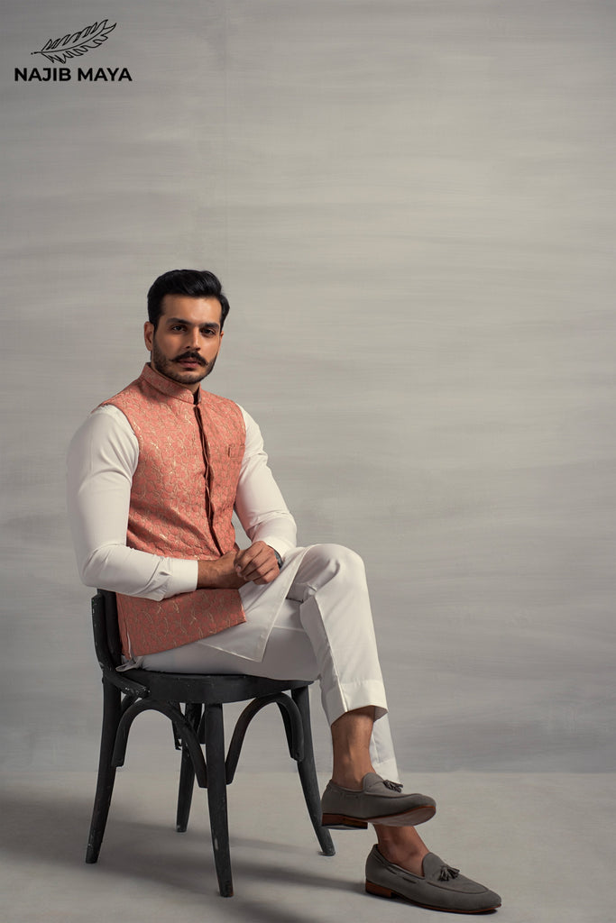 Powder Pink Embroidery Waistcoat + White Kurta Pajama For Men's