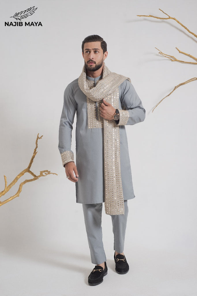 Grey Stylish Kurta Pajama + Shawl For Men's