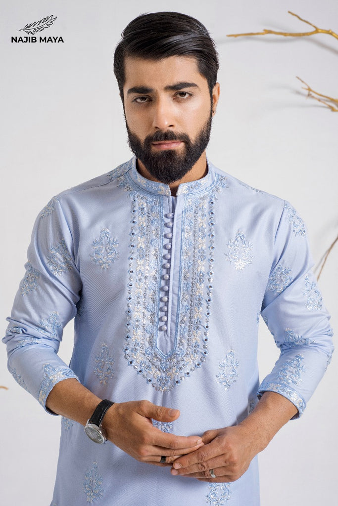 Ice Blue Stylish Embroidered Kurta Pajama For Men's