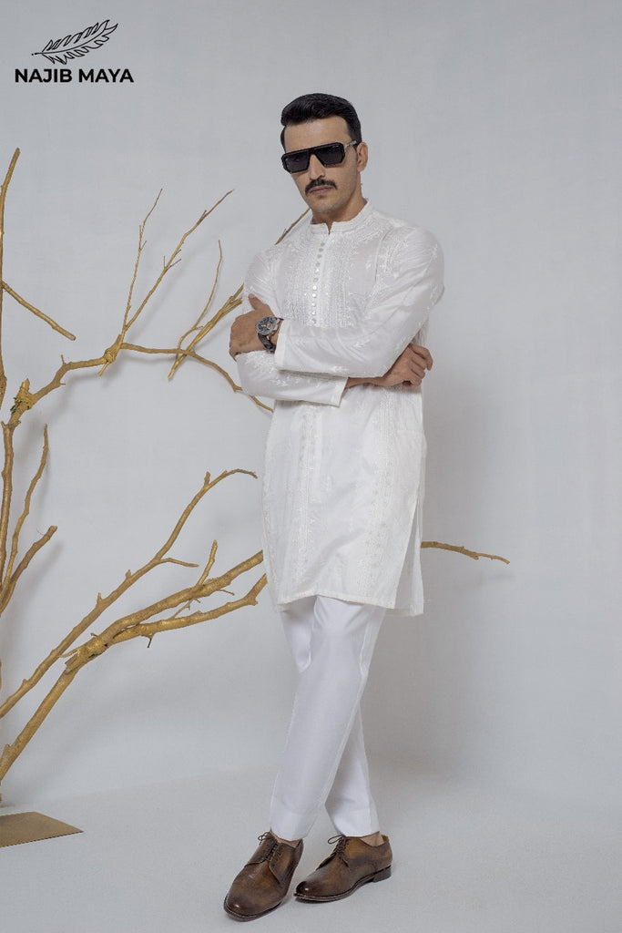 White Stylish Embroidery Kurta Pajama For Men's