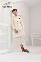 Cream Embroidery Waist Coat & Cream Kurta Pajama For Men's