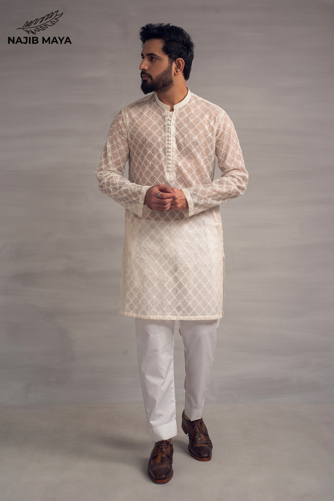 White Embroidery Sequence Kurta Pajama For Men's