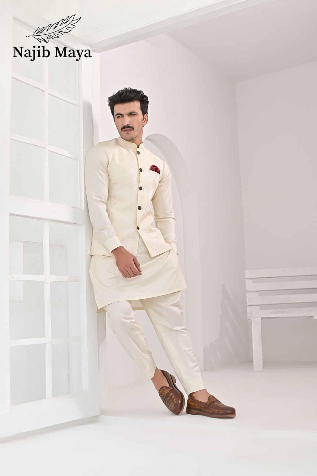 Cream Embroidery Waist Coat & Cream Kurta Pajama For Men's