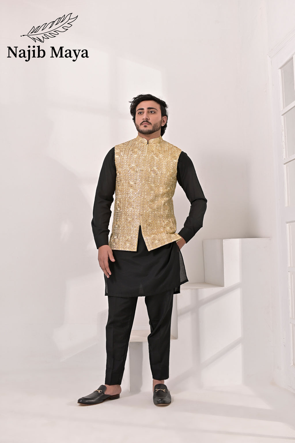 Cream Embroidery Waist Coat & Black Kurta Pajama For Men's
