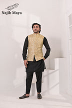Cream Embroidery Waist Coat & Black Kurta Pajama For Men's
