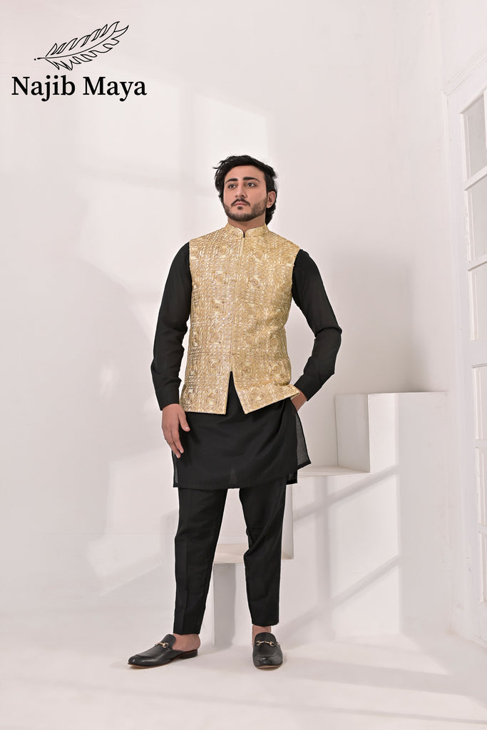 Cream Embroidery Waist Coat & Black Kurta Pajama For Men's