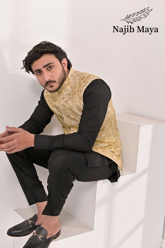 Cream Embroidery Waist Coat & Black Kurta Pajama For Men's