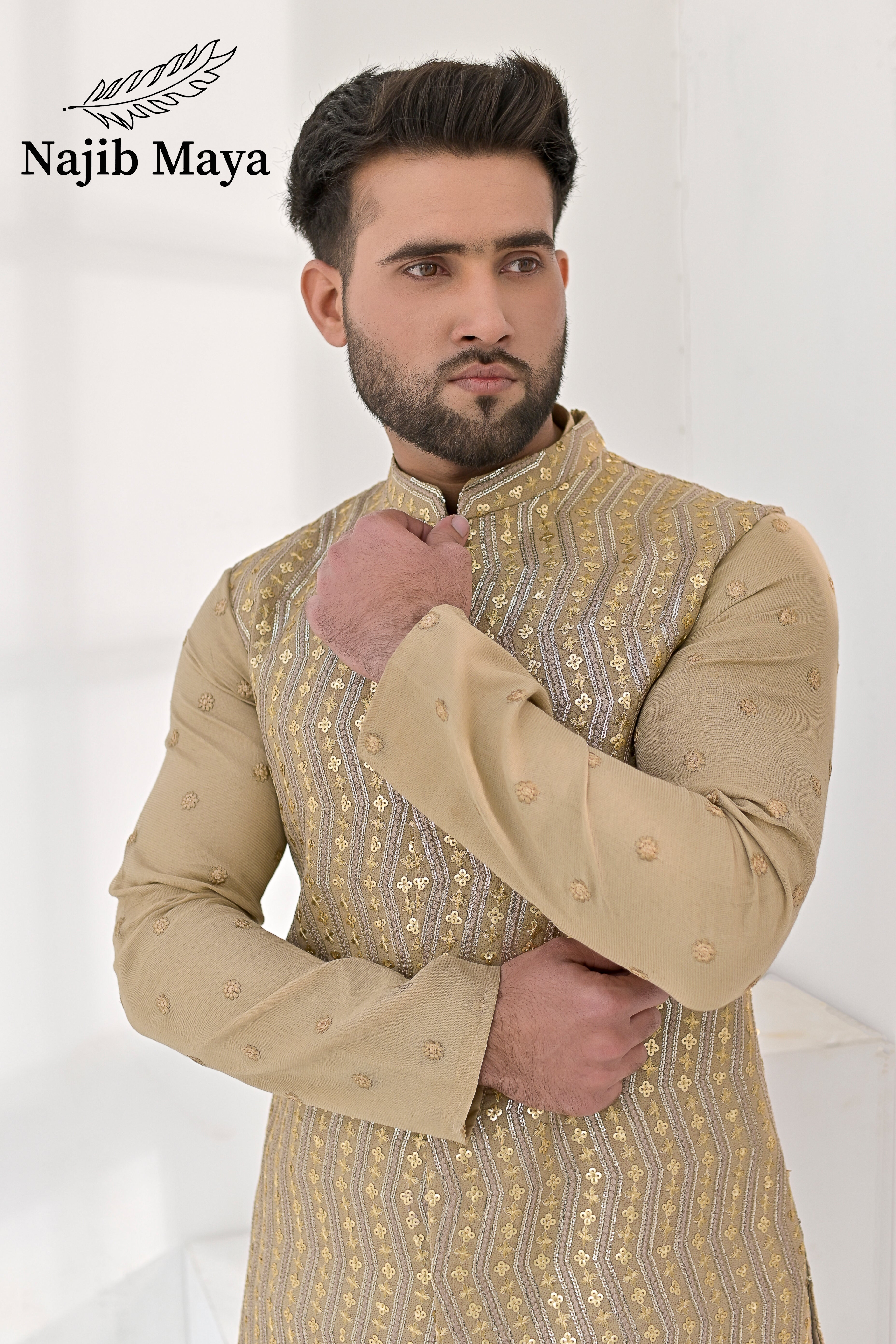 Beige Embroidery Waist Coat & Beige Embroidery Kurta Pajama For Men's