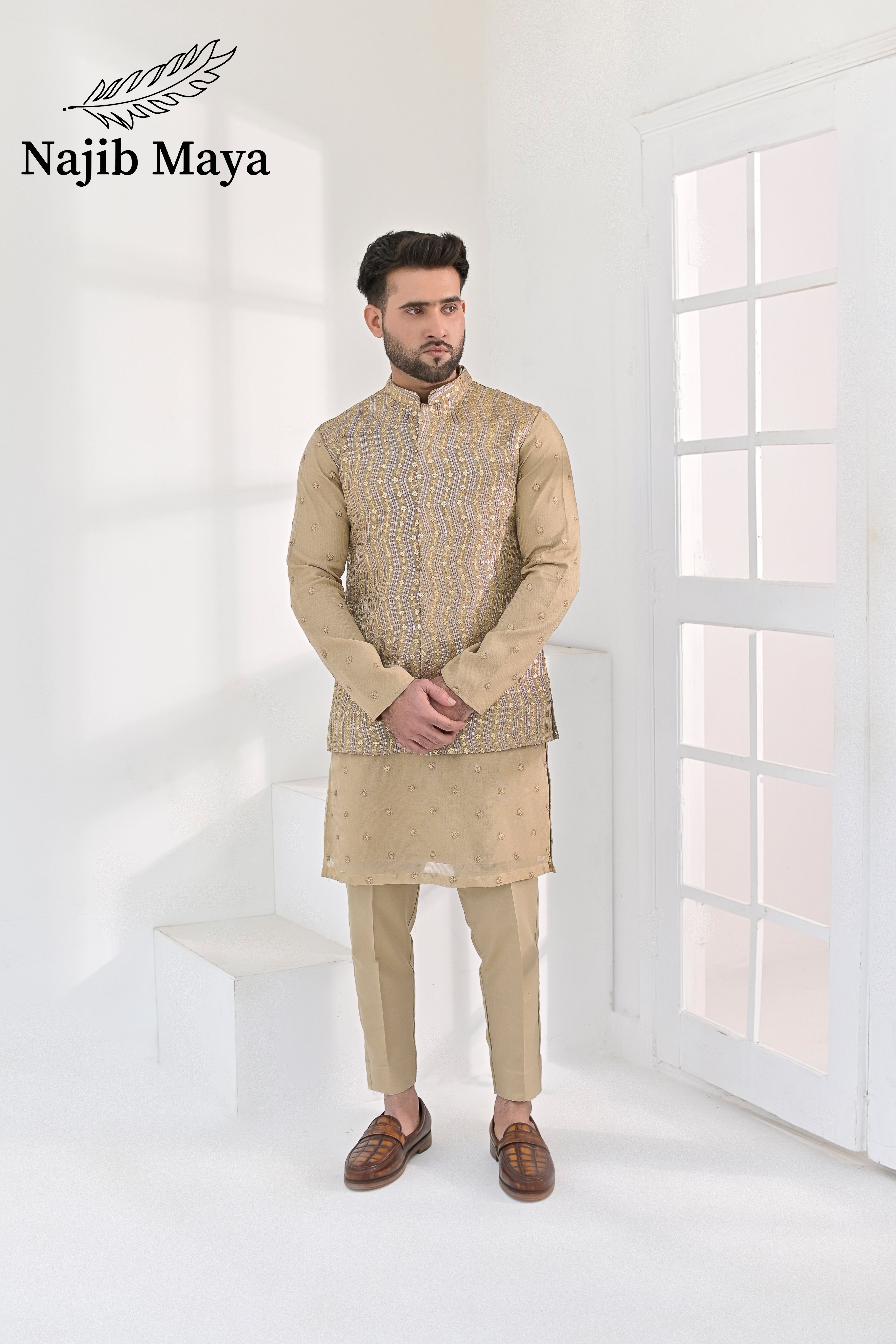 Beige Embroidery Waist Coat & Beige Embroidery Kurta Pajama For Men's Main image