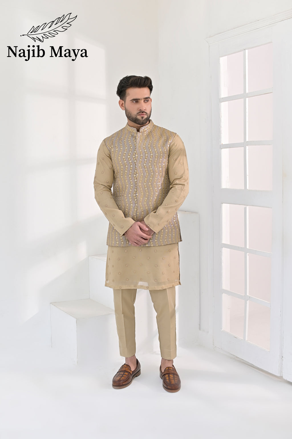 Beige Embroidery Waist Coat & Beige Embroidery Kurta Pajama For Men's