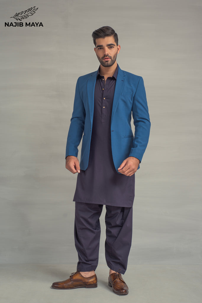 Ink Blue Casual Coat + Purple Shalwar Kameez For Men's